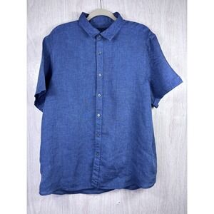 Perry Ellis Linen Shirt Blue Short Sleeve Button Down XL Lightweight Coastal
